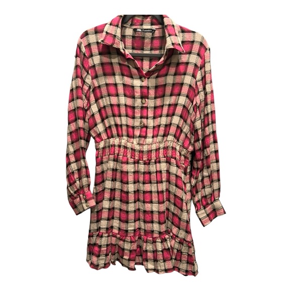 Zara Pink Plaid Checkered Ruffle Mini Dress - Pink, Cream, Black | Size Large - Picture 2 of 12